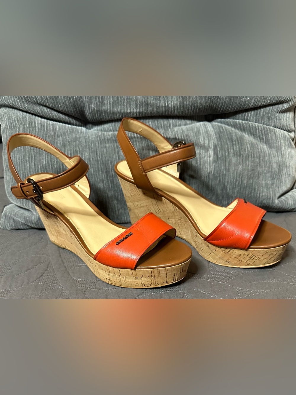 COACH Fran Platform Orange Red and Brown Wedges, Size 8